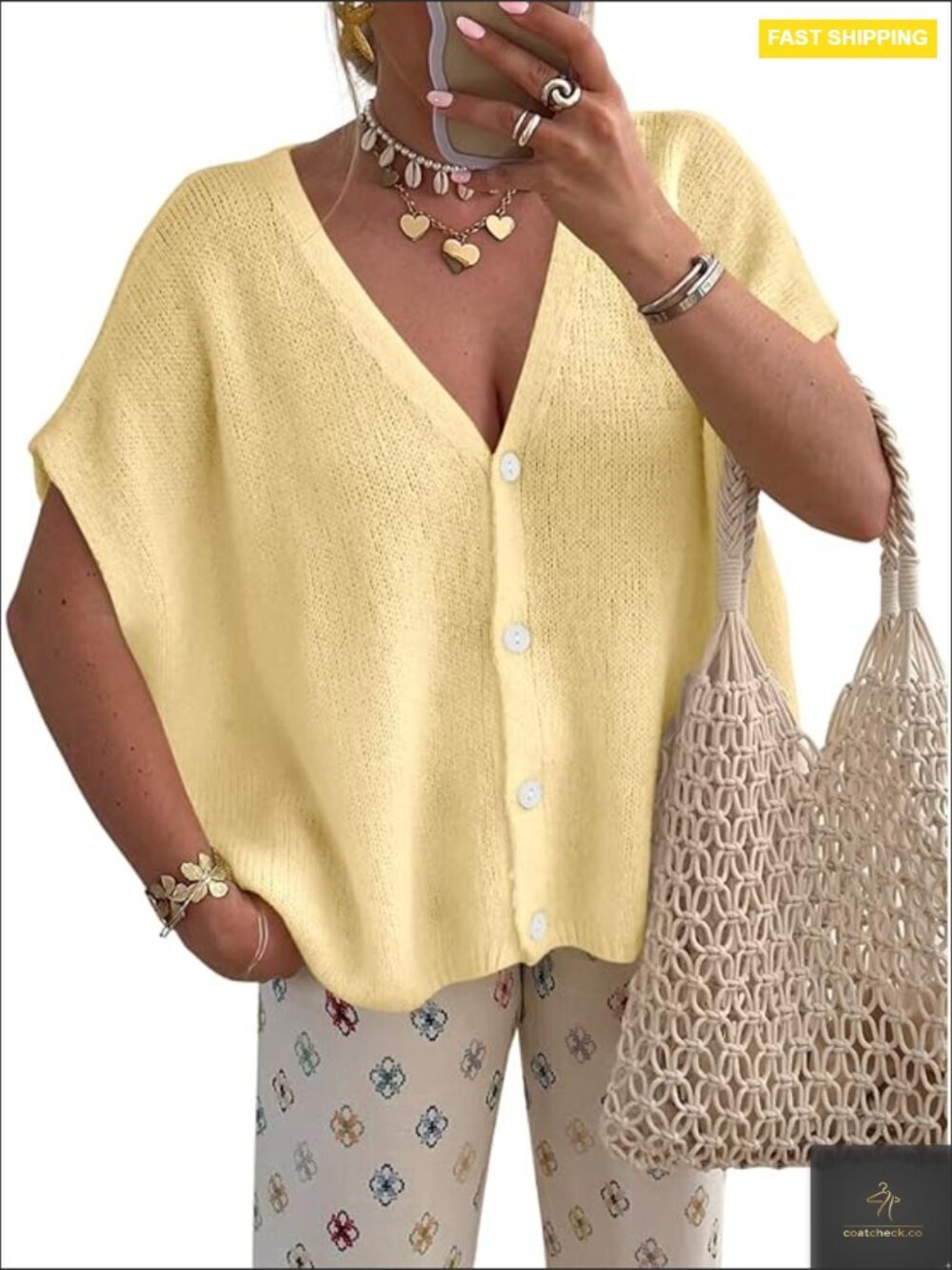 Oversized Batwing Short Sleeve Cardigan V Neck Lightweight Knit Sweater Tops